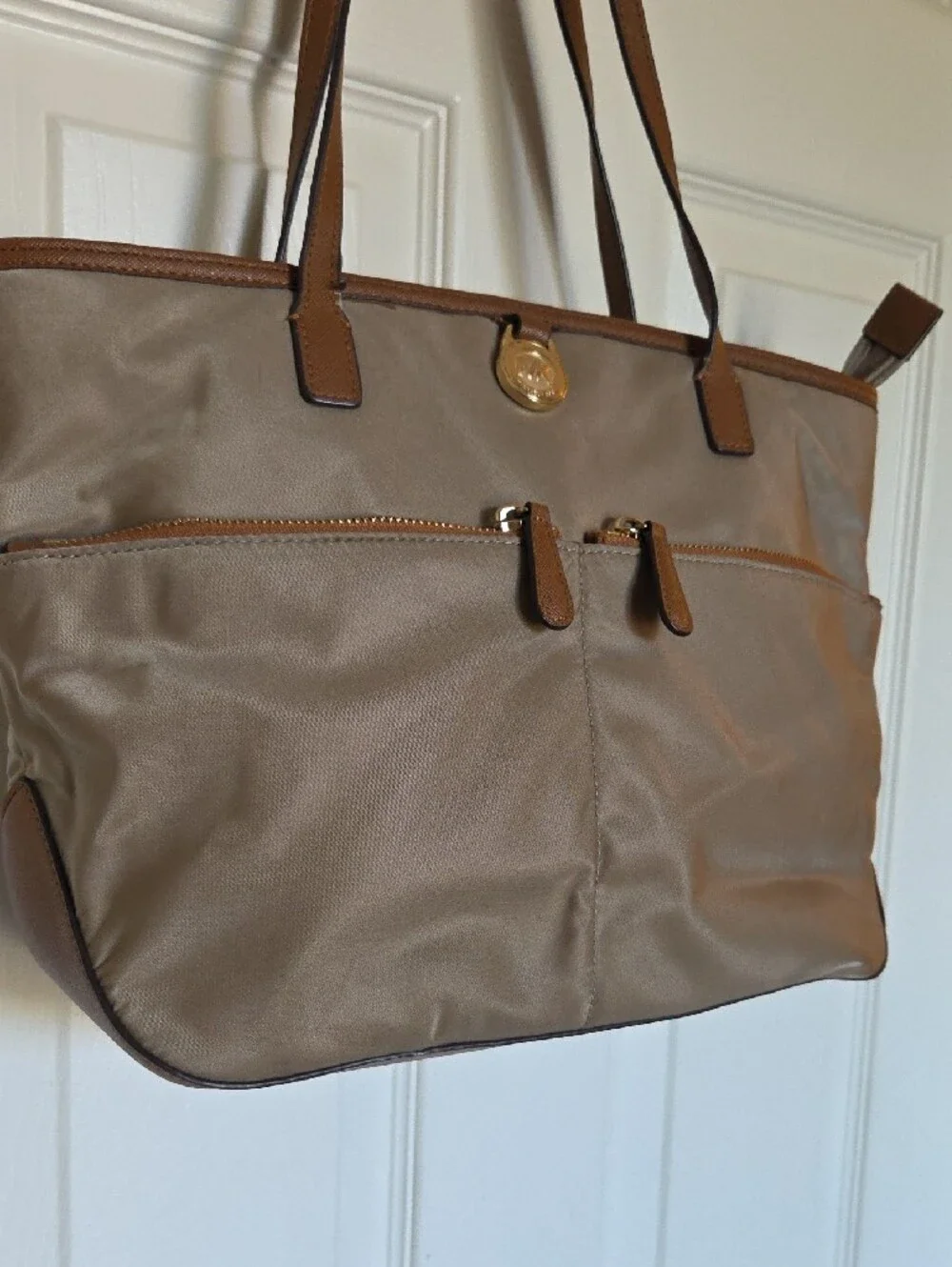 MICHAEL Michael Kors Taupe Nylon Tote with Brown Trim and Gold Hardware - Picture 3 of 12